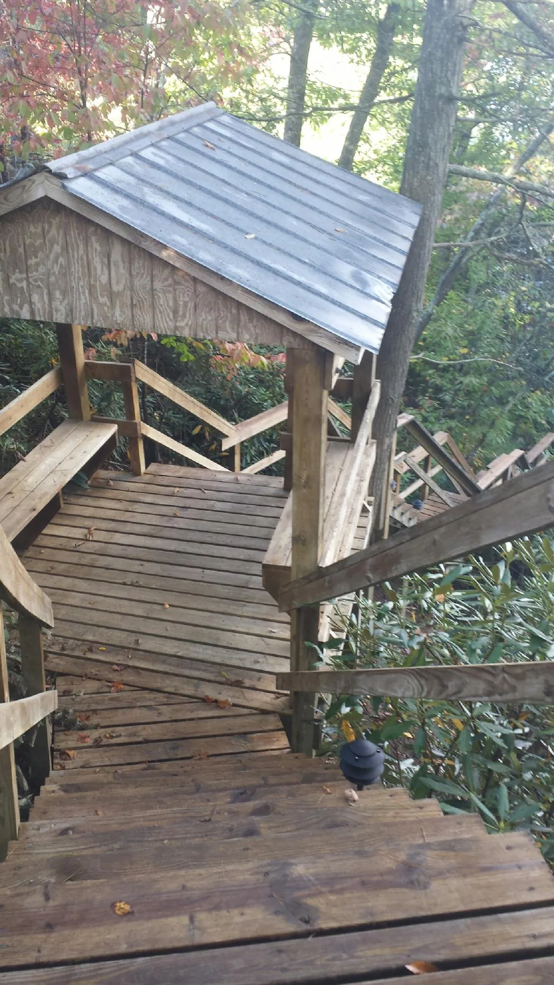 Metal roofed shelter over wooden steps on a wooded walkway — Skylight Repair & Installation work by our crew in Jenkinsburg